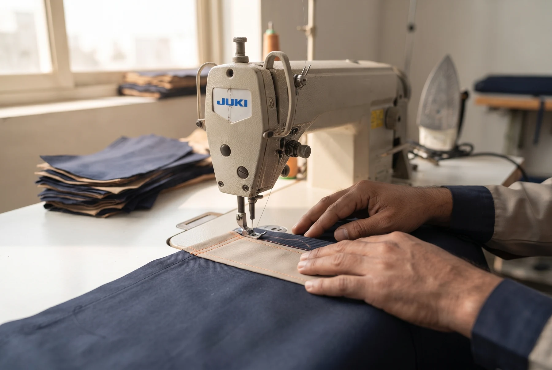 Reinforced workwear panel being stitched on an industrial sewing machine