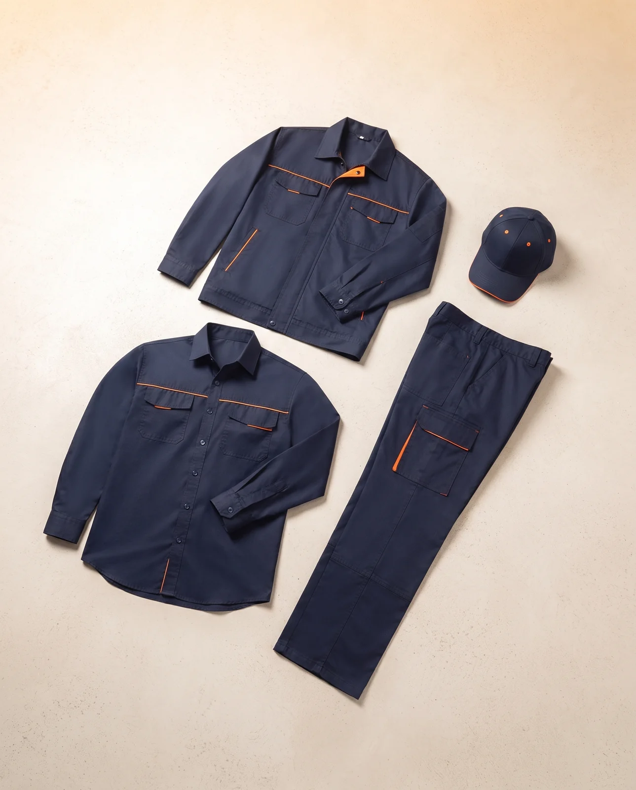 SASCORP construction workwear range: shirt, trousers, jacket and cap in navy with orange trim