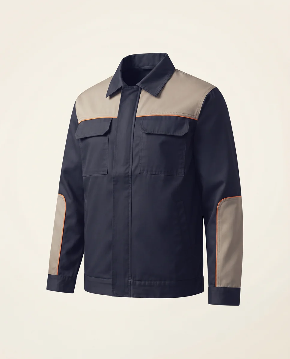 Navy construction work jacket with orange trim detailing