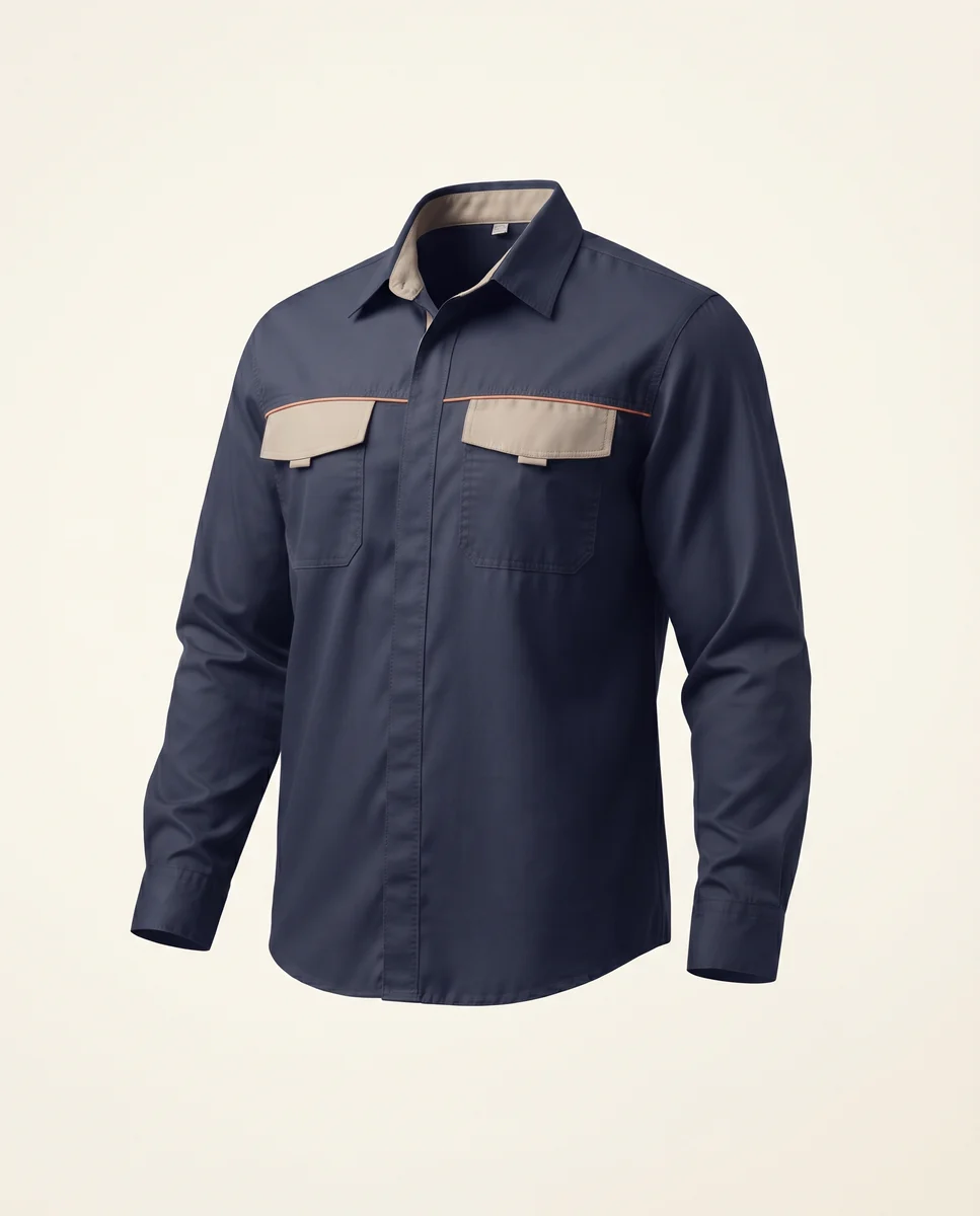 Navy construction work shirt with orange piping and twin chest pockets